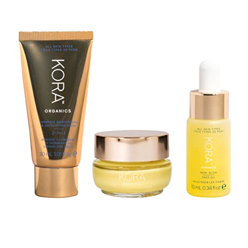 KORA Organics On-the-Glow Collection | The Glowing Essentials | Skin Care Facial Kit for Glowing Skin | 30mL Turmeric Brightening & Exfoliating Mask, 15 mL Turmeric Glow Moisturizer, 10 mL Noni Glow F