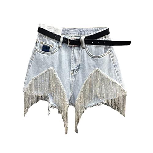 Short d'été en jean pour femme bleu clair taille haute M avec chaîne en diamants