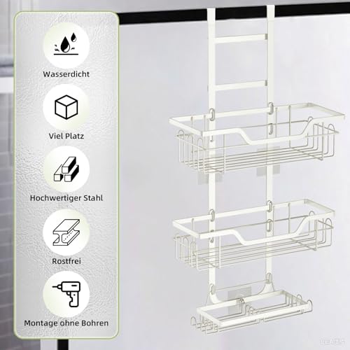 MLOQI Duschablage zum Hängen für Glasduschtüren, Duschablage ohne Bohren, Duschkorb zum Hängen, Duschregal mit 3 Duschkorb Weiß