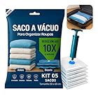 Kit Com 5 Sacos à Vácuo 50x60 cm com Bomba Manual, Sacos Para Malas de Viagem, Resistente, Compacto, Reutilizável, Anti-Furo, Organização de Roupas, Viagens, Malas e Edredom, Reduz Volume