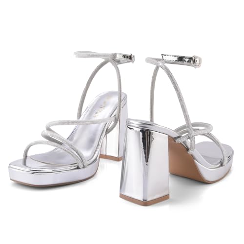 Image of Shoe'N Tale Platform Heels for Women Strappy Block Chunky Heels Square Toe Ankle Buckle Sandals