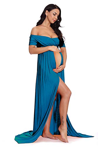 ZIUMUDY-Maternity-Off-Shoulder-Wraped-Ruched-Gown-Split-Front-Maxi-Photography-Dress