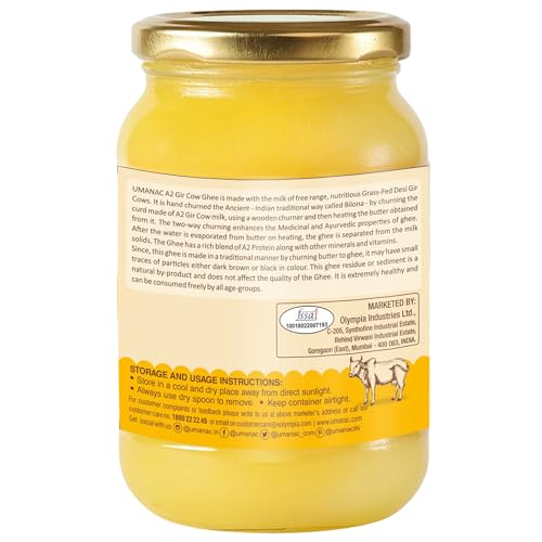 Umanac A2 Desi Gir Cow Ghee- 500ML | Desi A2 Cow Pure Ghee | Bilona Method | Grass Fed | Traditional Hand Churned | 100% Organic Ghee | Certified & Tested