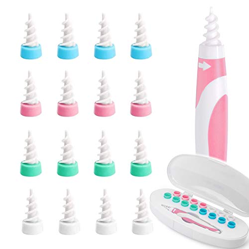 EPILUM Q-grips Limpador de orelhas, limpa orelhas em espiral, com 16 cabeças de silicone substituíveis para limpeza de orelhas, kit de ferramentas para crianças e adultos
