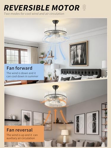 Image of SYDACG 20 inch Black and Clear Crystal Fandelier Ceiling Fan with Light, Mid-Century Chandelier Ceiling Fan with Light Remote Control, 6 Speeds for Bedroom, Nursery, Living Room