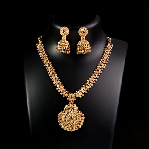 Image of CUTE GOLD Antique Oxidised Plating Necklace With Earring For Women and Girls | Antique Temple Necklace Set for Women & Girls