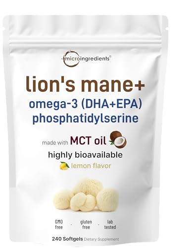 Micro Ingredients Lions Mane+ with Omega-3 EPA DHA & Phosphatidylserine 240 Softgels with MCT Oil for Better Absorption Fruiting Body & Mycelium Superfood Mushroom Extract Lemon Flavored