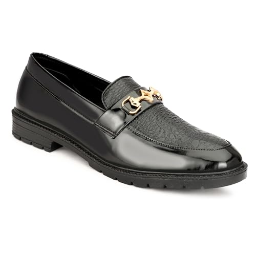 Image of Men's Black Leather Loafers with Golden Buckle - Elegant Slip-On Dress Shoes with Textured Upper & Comfort Sole for Formal & Casual Wear