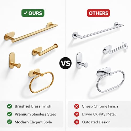 Image of JIALTO Bathroom Towel Holder | 4 Pcs Wall Mounted Bathroom Clothes Hanger with Adhesive Hooks | Towel Rod | Tissue Paper Holder | Bathroom Fittings Rod & Towel Stand (Gold, 4 - Pieces Set)