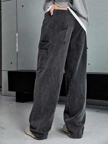 Image of KOTTY Men's Loose Fit Cargo Denim Jeans - Vintage Washed Utility Jeans with Side Pockets