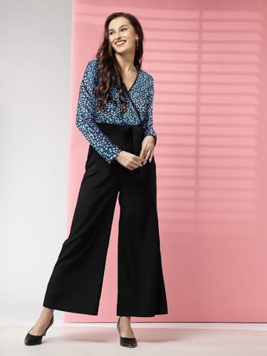 Image of LONDON BELLY Women's Polyester Semi-Formal Jumpsuit with Round Neck Half Sleeves Adjustable Waist Tie Abstract Pattern and Regular Fit | Women Stylish One Piece Outfit | Women Regular Fit Jumpsuit