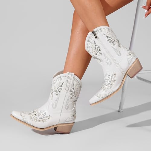 Rhinestone Ankle Cowboy Boots for Women Embroidered Short Cowgirl Boots With Low Heel Side Zipper Comfortable Chunky Heels Western Booties For Prom Party Wedding Pull On Shoes3