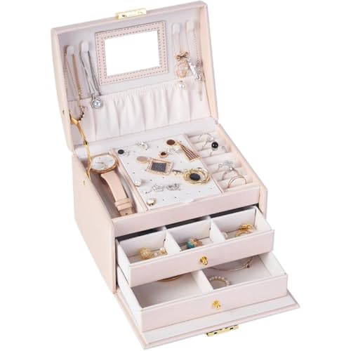ITMEATジュエリーボックスアクセサリーケース鏡付きジュエリー収納宝石箱大容量鍵付き引き出しおしゃれ小物入れピアスネックレスリング指輪置き女の子女性用ピンク (17×14×13cm,ピンク)