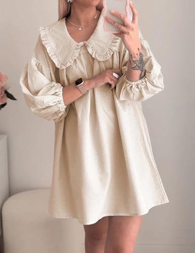 Image of Ynhonra Women's Gingham Mini Dress 3 /4 Puff Sleeve Babydoll Doll Collar