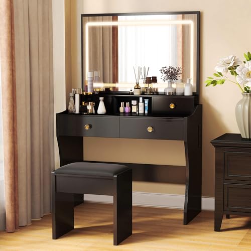 Image of COMHOMA Vanity Desk with LED Lights Mirror & Power Outlet, Small Makeup Vanity Table Set with 5 Storage Drawers, 3 Lighting Modes & Adjustable Brightness, Dressing Table for Women Girls Bedroom, Black