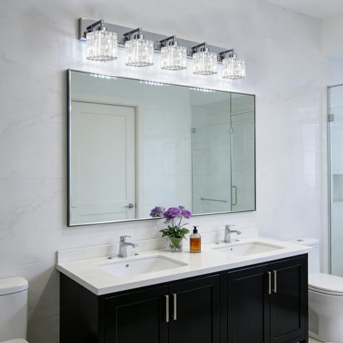 Image of Brushed Chrome Crystal Bathroom Vanity Light, 5-Light Modern Bathroom Lighting Fixtures Over Mirror,Chrome Wall Sconce Light Fixtures with Square Shade