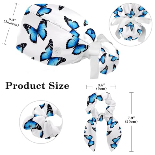 Image of Colored Butterflies Scrub Caps Women, Adjustable Working Cap with Button, Surgical Caps with Bow Hair Scrunchy