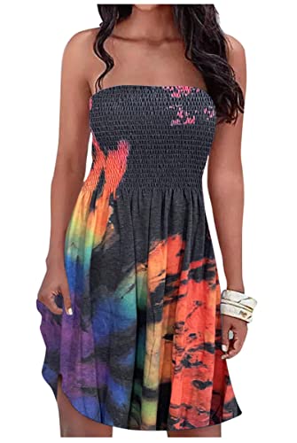 Image of Summer Dress for Women Beach Floral Cover Ups Spaghetti Strap Sundress Smocked Strapless A-Line Mini Dresses