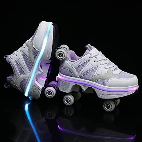 Image of 2-in-1 Roller Skates & Sneakers Unisex Retractable Wheels Outdoor Fun & Fitness Kick Roller Shoes Purple, Inline Skate Wheel
