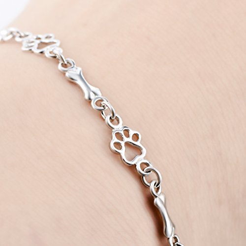 LUHE Paw Print Bracelets Gifts for Women 925 Sterling Silver Cute Dog Cat Bone Paw Bracelet for Girls, 7.5" Christmas Gifts2