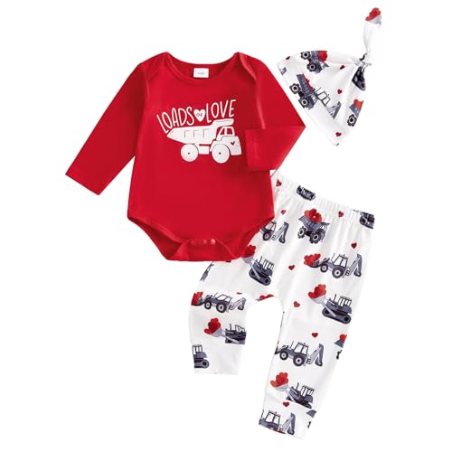 Image of Frietlebird Newborn Baby Boy Clothes Long Sleeve Letter Tractor Print Romper and Pants with Hat Coming Home Outfit 3Pcs