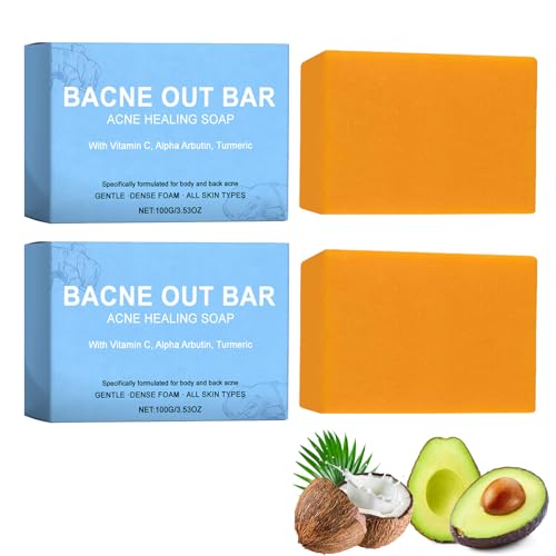 2pcs Bacne Out Bar Soap With Turmeric Vitamines C & Alpha Arbutin Brightening Body Wash Exfoliating Soap Bar Natural Body Acne Treatment for Back Chest & Shoulders Darks Spot Remover Smooth Skin