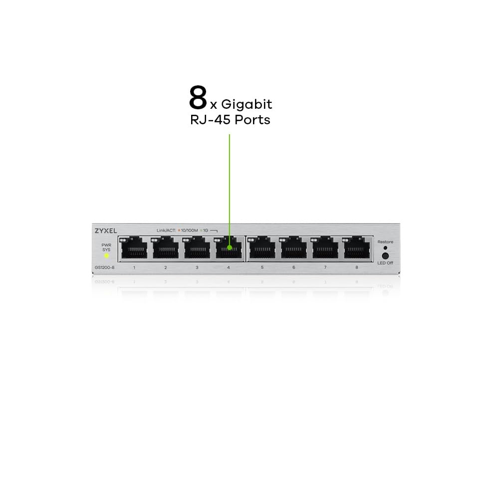 Zyxel Switch Ethernet 8 Ports | Conmutateur Gigabit Manageable en Web | QoS, Link Aggregation, VLAN, IGMP Snooping | sans Ventilateur | Desktop [GS1200-8v3]