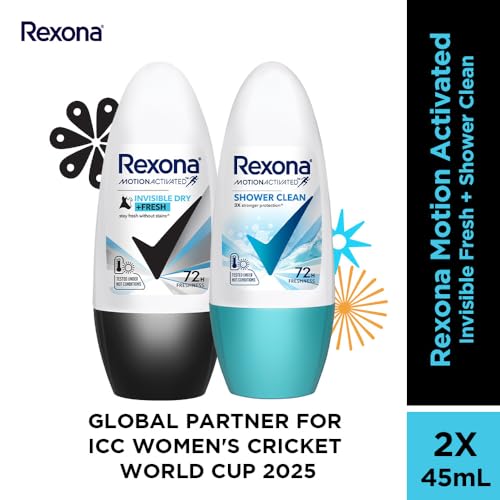 Image of Rexona Roll-On Deodorant | Invisible Dry + Shower Clean Motion Activated Deo for Women | up to 72Hr Freshness | 45 ML each