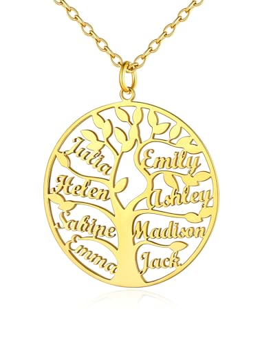 Personalized Family Tree Necklaces with 8 Names for Mother 18k Gold Plated Free Engraving Tree of Life Pendant Custom Made Memorial Jewelry Birthday Gifts for Women Grandma Mom