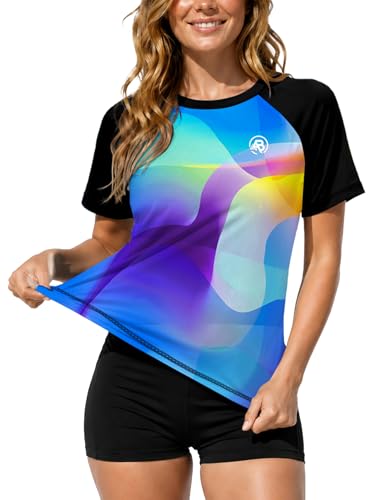 Image of AOBUTE Women Short Sleeve Rash Guard Gradient Sun Protection Swim Shirts