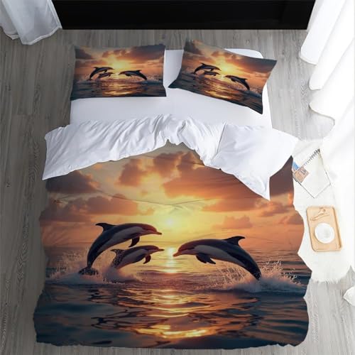 Housse de couette 200x200 dauphin 3D avec 2 taies d'oreiller en microfibre douce