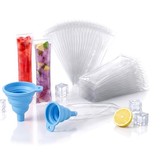 YIPFEN 50 Bolsas Reutilizables para Helados Caseros con Embudo, Moldes para Polos de Jugo, Yogur, Smoothies y Helados (5.5x27.5cm)