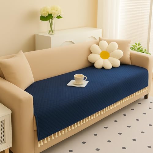 Image of Roseate Quilted Velvet Sofa Cover (3 Seater / 70 inchx27 inch) Sofa Protector for Living Room /Bedroom interiors (Blue) with Tassels