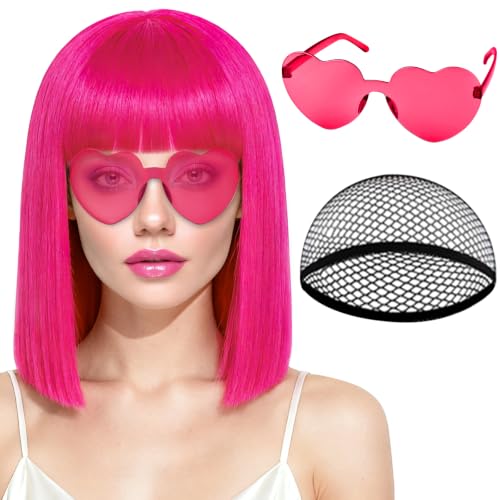 Image of PLULON Hot Pink Bob Wig with Bangs, Short Straight Bob Wig with Heart Sunglasses 12Inch Shoulder Length Heat Resistant Synthetic Hair for Women Natural Look Daily Use Cosplay Halloween Costume Party