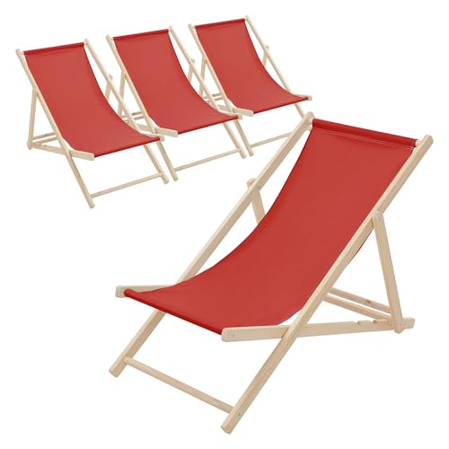 ECD Germany Lot de 4 Chaises Longues Pliantes en Bois Chiliennes, Rouge, Dossier Réglable, 3 Positions de Couchage, jusqu'à 120kg, Bain de Soleil en Tissu...