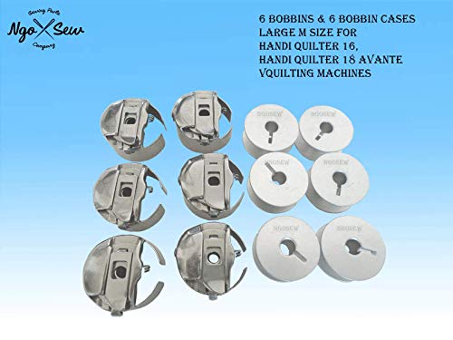 NGOSEW 6 Bobbins & 6 Bobbin Cases Large M Size for Handi Quilter 16, Handi Quilter 18 Avante Quilting Machines