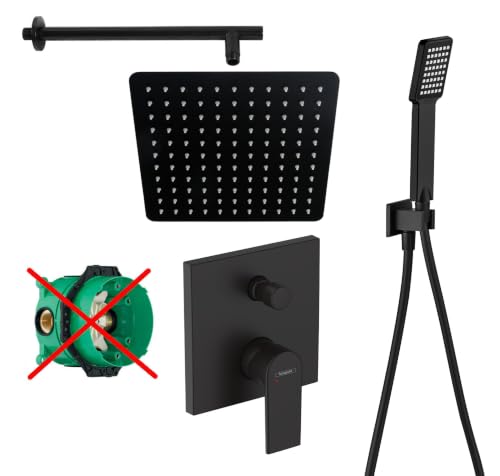 vanvilla Duschsystem mit Unterputz Duscharmatur von Hansgrohe Einhebelmischer und vanvilla Regendusche mit Armatur, Duschkopf eckig, Dusch-SET HGS07-ob schwarz matt beschichtet