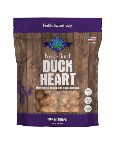Shepherd Boy Farms Freeze Dried Dog and Cat Treats Duck Heart All Natural Single Ingredient Freeze-Dried Dog Treat & Snacks Made in USA High Protein Essential Nutrition of Raw Food 8oz