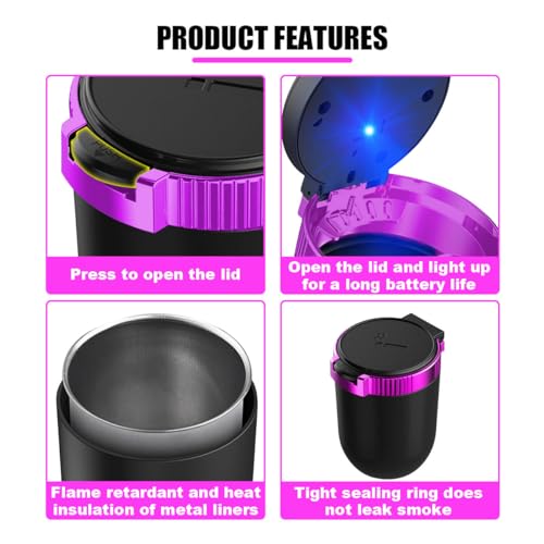 Image of Portable Car Ashtray with Lid, Stainless Detachable Mini Car Trash Can with LED Blue Light, Windproof Auto Truck Ashtray Cup Holder, Universal Smokeless Ashtray for Car Outdoor Travel Home (Purple)