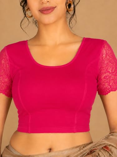 Image of Abhi Cotton Readymade Saree Blouse for Women- Half Net Sleeves, Round Neck, Regular-fit, Stretchable, Pull-on Style Blouse