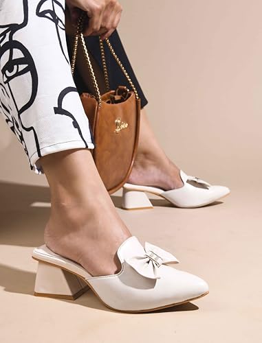 Image of JM LOOKS Women's Pointed Toe Mules with Bow Accent Stylish Block Heel Slip-On for Effortless Elegance For Women & Girls