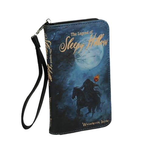 Black The Legend of Sleepy Hollow Book Wallet Wristlet – Spooky ID Holder, Snap Close, Zipper Coin Pouch, 4 Card Slots, and Bill Pockets – Perfect for Gothic and Horror Fans