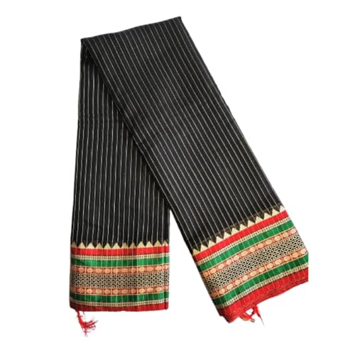 Image of Black Narayanpet Pure Mercerised Cotton Saree with stripes | Handloom Traditional Saree with Contrast Border | Soft Lightweight Ethnic Wear | Festive & Daily Wear Saree |
