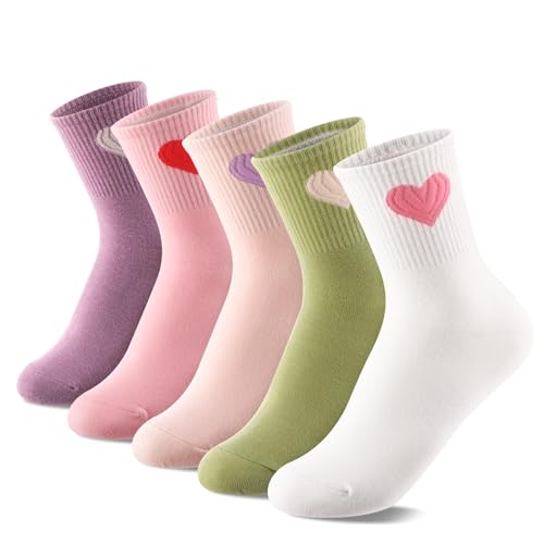 Image of Jspupifip Women's Cute Ankle Crew Socks, 5 /6 Pairs Novelty Fun Heart Casual Calf Sock, Cotton Athletic Running Socks 5.5-8.5