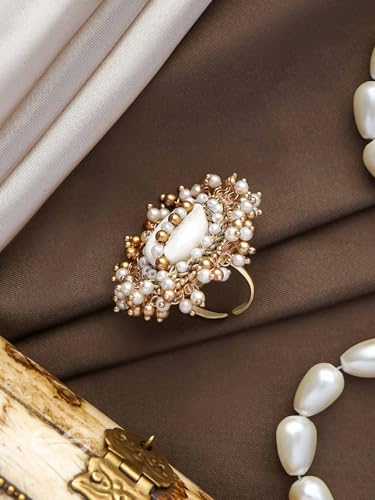 Image of SANJOYA by EVERSTYLISH Embroidered Ring for Women | Shell & Beaded Adjustable Statement Ring | Ethnic Jewelry for Weddings & Festive Occasions