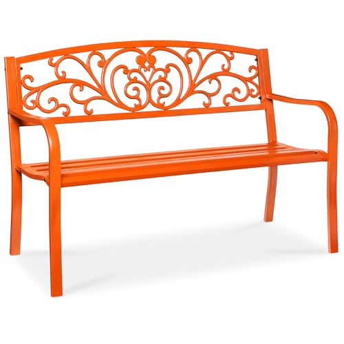Best Choice Products Outdoor Bench Steel Garden Patio Porch Furniture for Lawn, Park, Deck w/Floral Design Backrest, Slatted Seat - Carrot