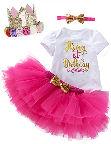 1st Birthday Girls Outfit Baby 1st Birthday Gift Girls with First Birthday Crown (Rose Red 1st,12-18 Months)