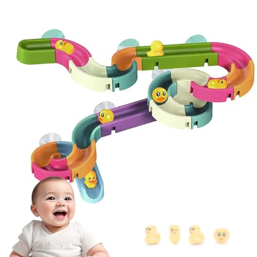 Image of Kidology Small Duck Slide Track Bath Toys, Bathtub Fun Construction Toy Game for Kids, Slide with Tiny Yellow Ducks (30 Pcs Set)