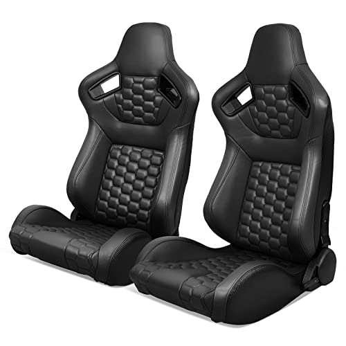 Image of IKON MOTORSPORTS, Universal Racing Seats with Dual Sliders, Reclinable Black PU + Carbon Leather with Hexagonal Quilting Sport Bucket Seats, 1 Pair Driver + Passenger Side