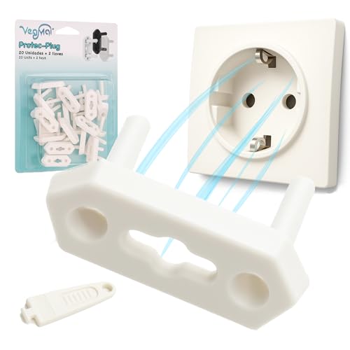 VegMai® Protector Enchufes para Bebés – 20 Tapas Enchufes Universales + 2 Llaves | Cubre Enchufes Seguridad Bebé | Kit Seguridad Compatible Schuko, 10A, 16A. (BLANCO)